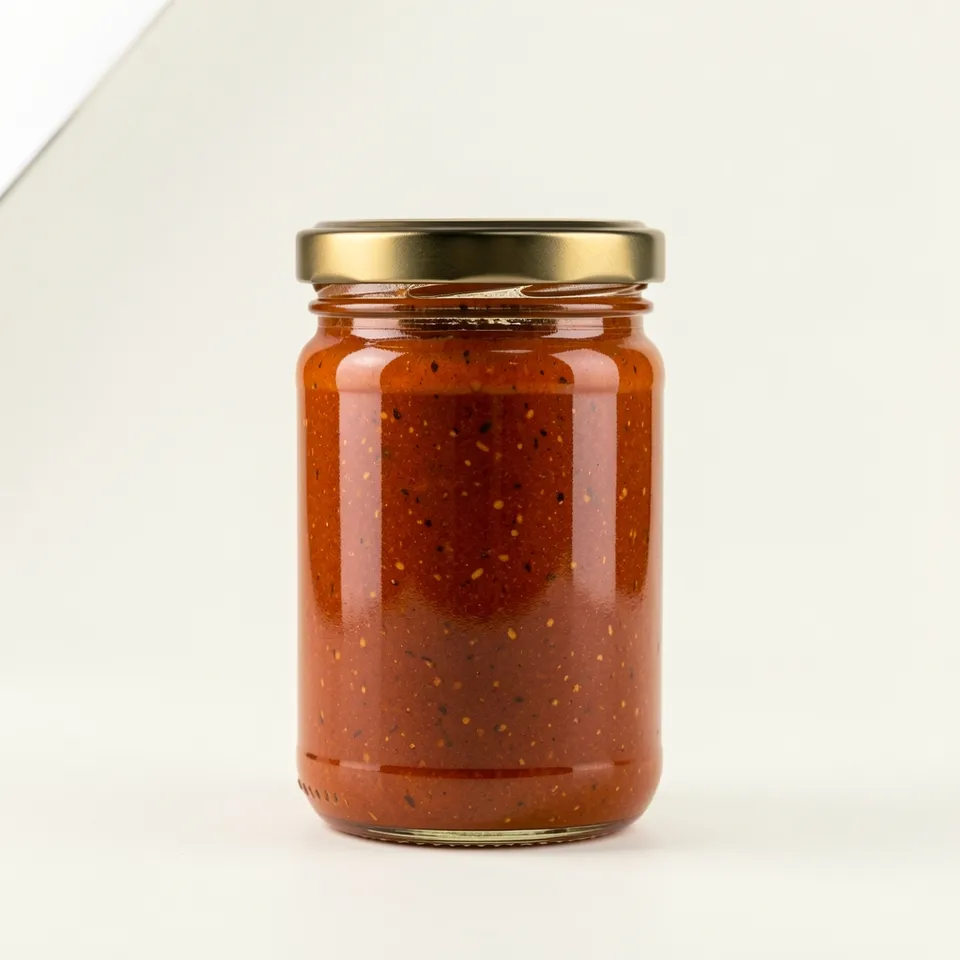Clear glass jar of paprika-red hot sauce with a plain dark lid on a warm white background