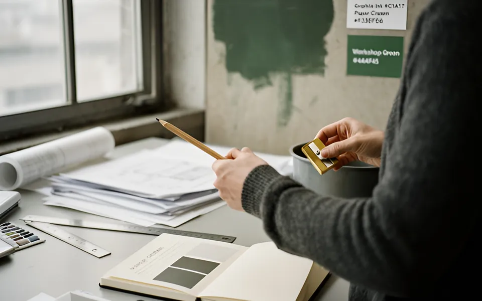 Hands sharpening a pencil over a bin in a daylit studio, person seen from behind