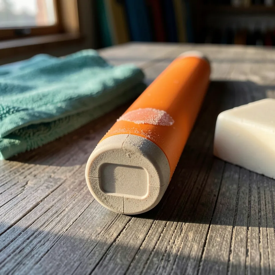 Close-up of the twist base and matte orange body of the stick on a wooden counter with surf wax