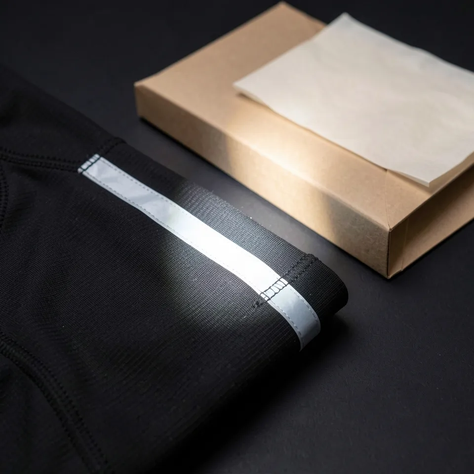 Macro detail of reflective seam tape flaring on a black technical shell beside plain packaging
