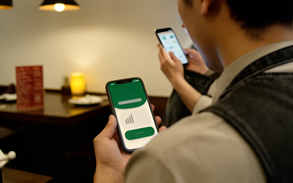A restaurant manager seen from behind checks a phone showing the Relay screen during dinner service.