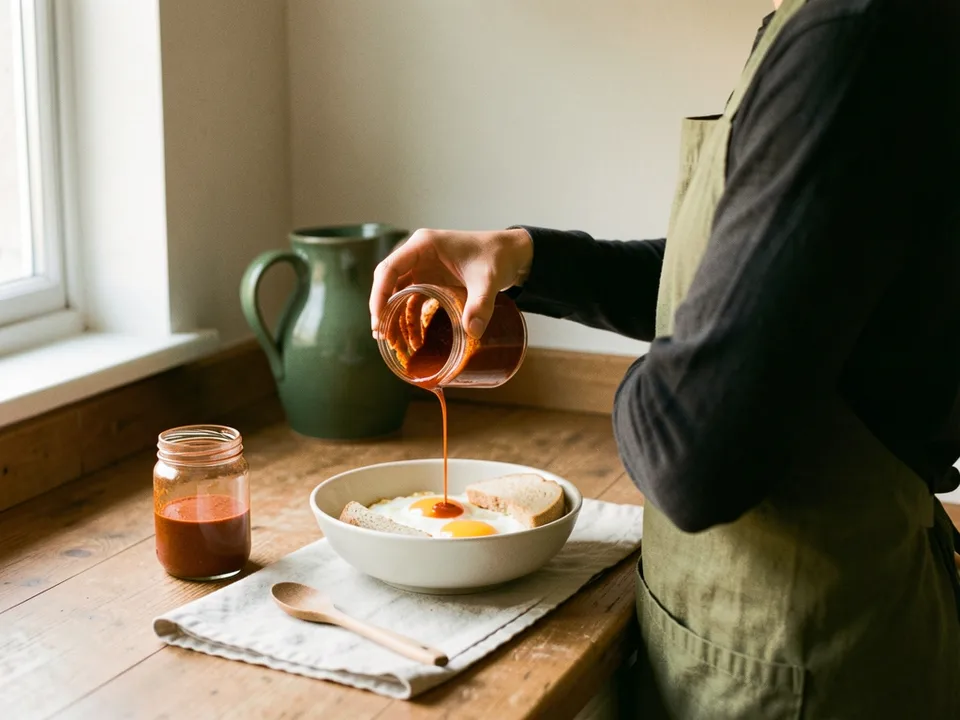 Cook seen from behind drizzling red paprika sauce from a glass jar onto eggs at a kitchen counter