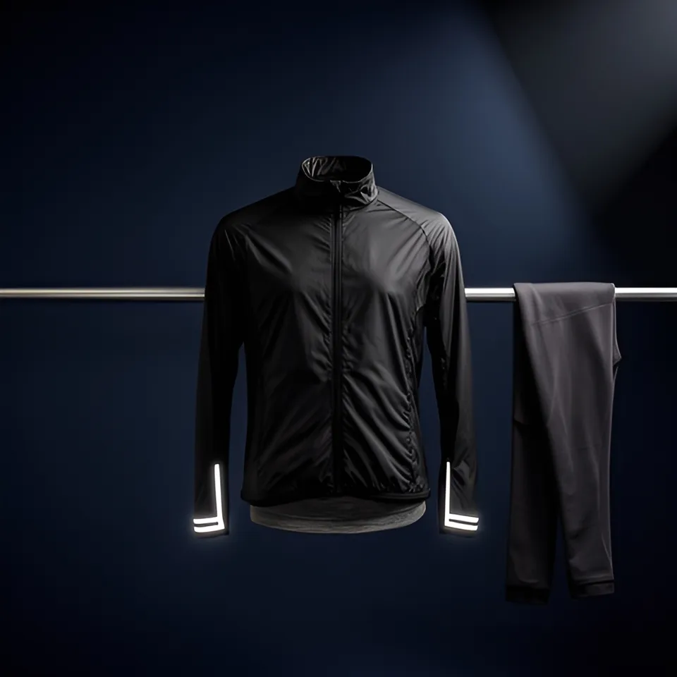 Black reflective running shell hung on a steel rail against a dark seamless backdrop