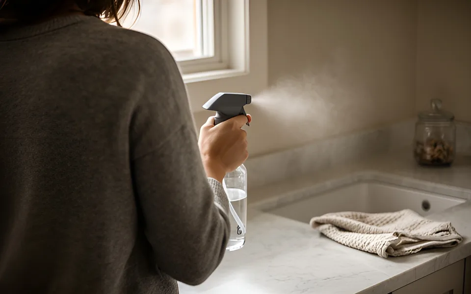 Person seen from behind spraying a glass bottle onto a kitchen counter