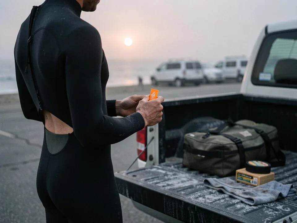 Surfer seen from behind applying a small orange stick to their hand beside a truck at dawn