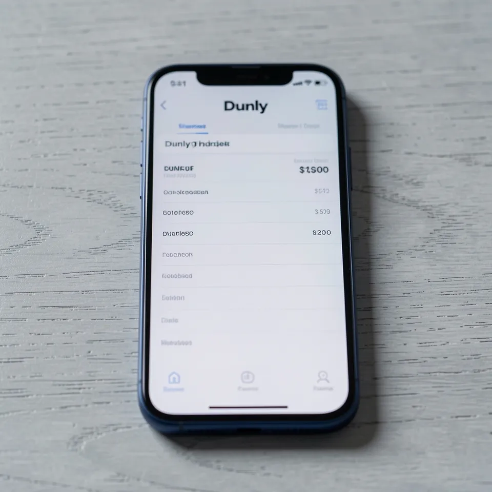 iPhone 14 Pro displaying Dunly app on light grey wooden surface