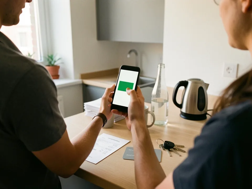 Three flatmates seen from behind at a kitchen counter, one holding a phone showing a plain app screen.