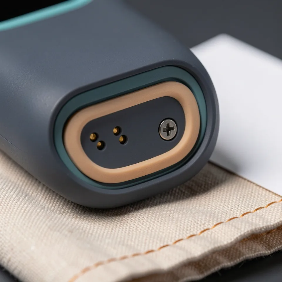 Macro view of the collar tracker's sealed underside with gold charging contacts and a teal sensor edge.