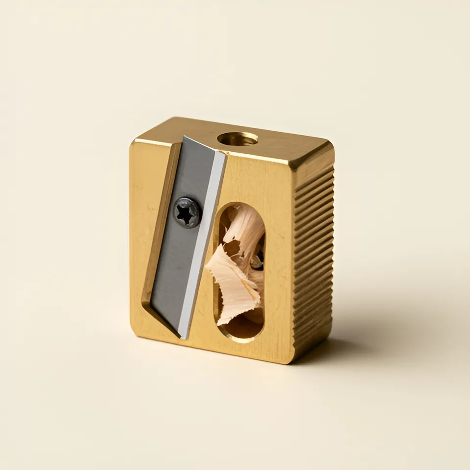 Machined brass pencil sharpener centred on a cream background, blade screw and shaving window visible